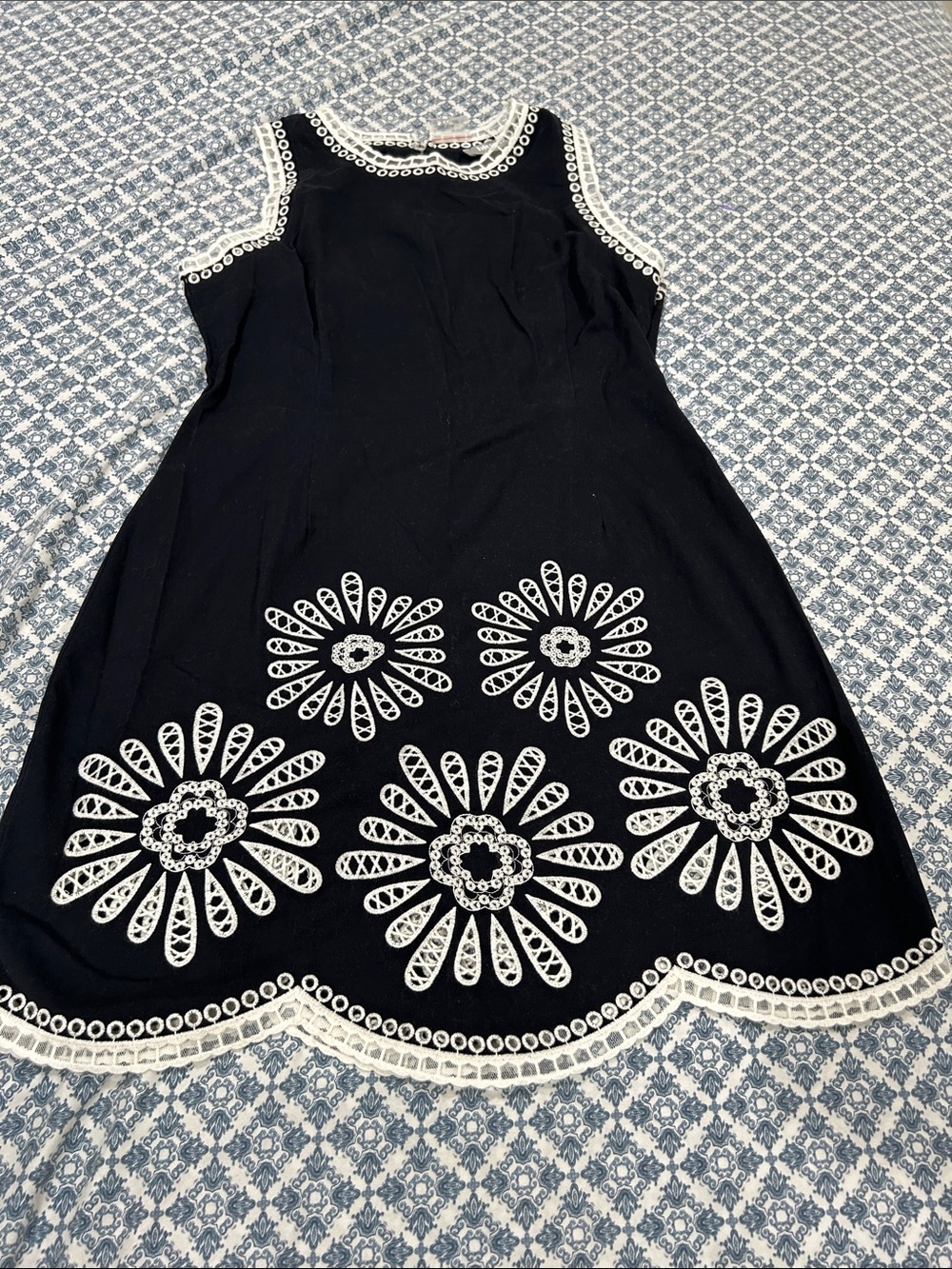 Black Sleeveless A-Line Dress with White Floral Cutwork Trim